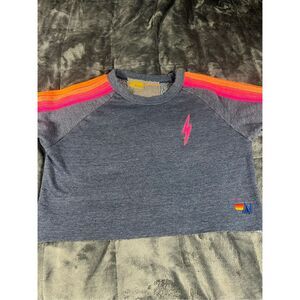 AVIATOR NATION Bolt Cropped Classic Crewneck Sweatshirt Navy Blue Neon Size XS